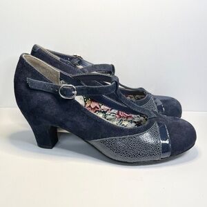 Hotter Georgette T-bar Shoes 👠 Navy Blue Suede Leather, Round Toe Heels